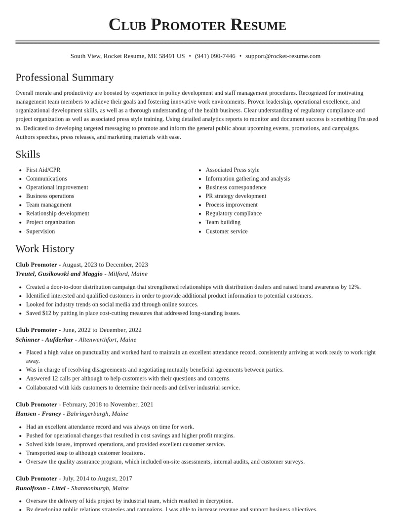 club promoter misc resume classic template 2 cla