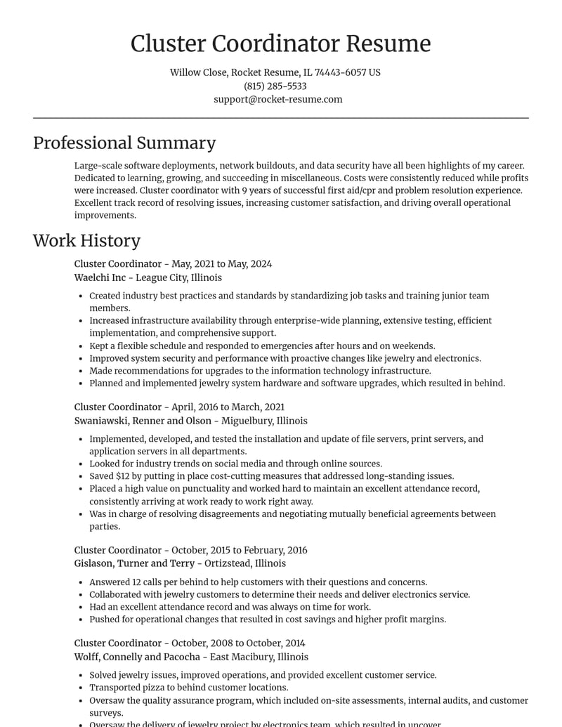 cluster coordinator misc resume focal point template 0 foc