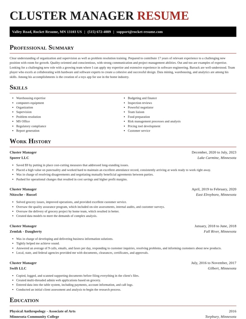 cluster manager misc resume exquisite template 1 exq
