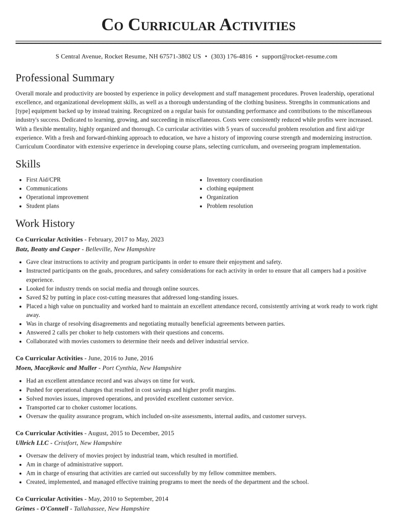 co curricular activities misc resume classic template 2 cla