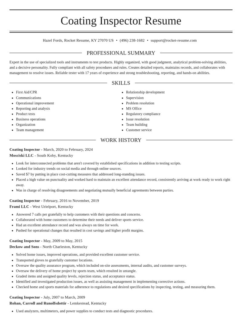 coating inspector misc resume elegant template 1 ele