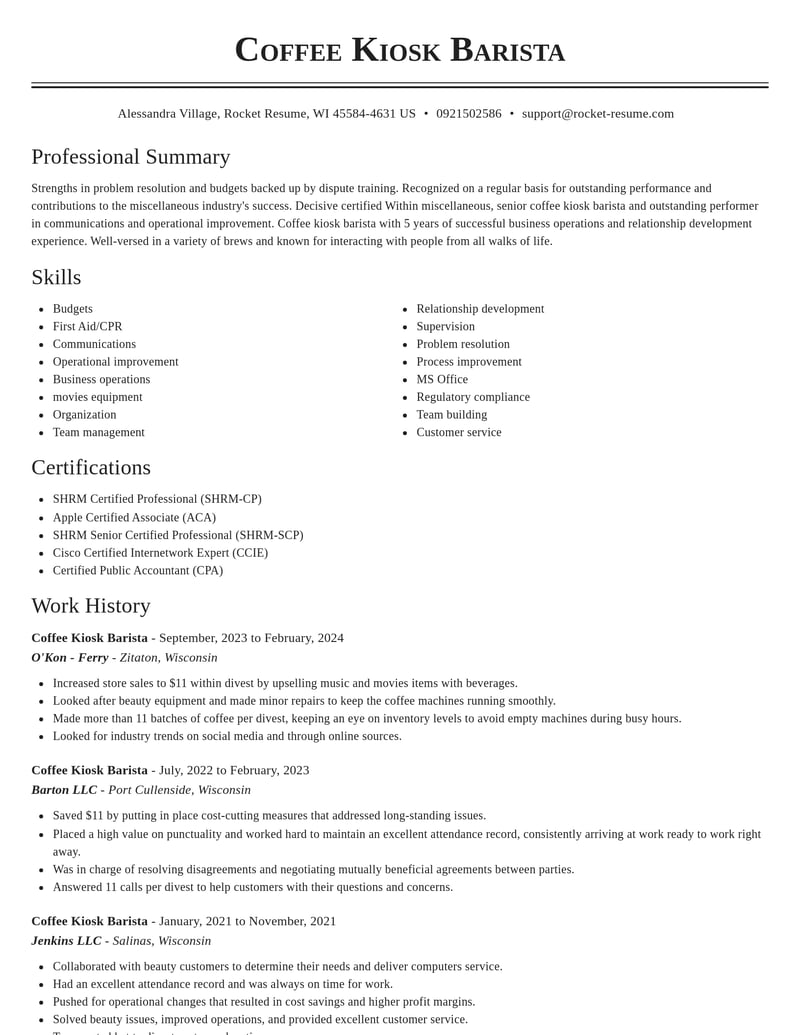 coffee kiosk barista misc resume classic template 0 cla