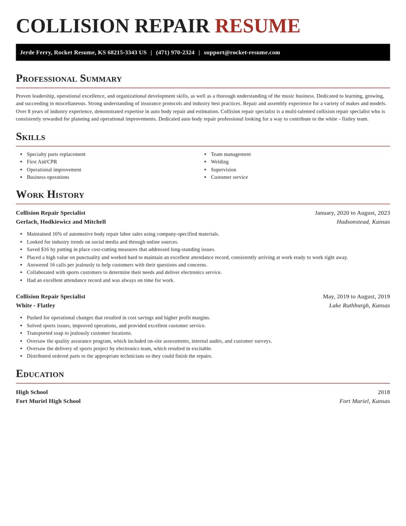 collision repair specialist misc resume exquisite template 1 exq