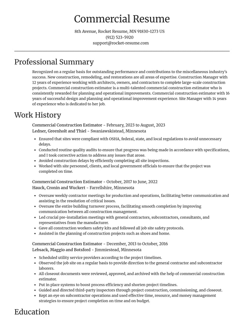 commercial construction estimator misc resume focal point template 2 foc