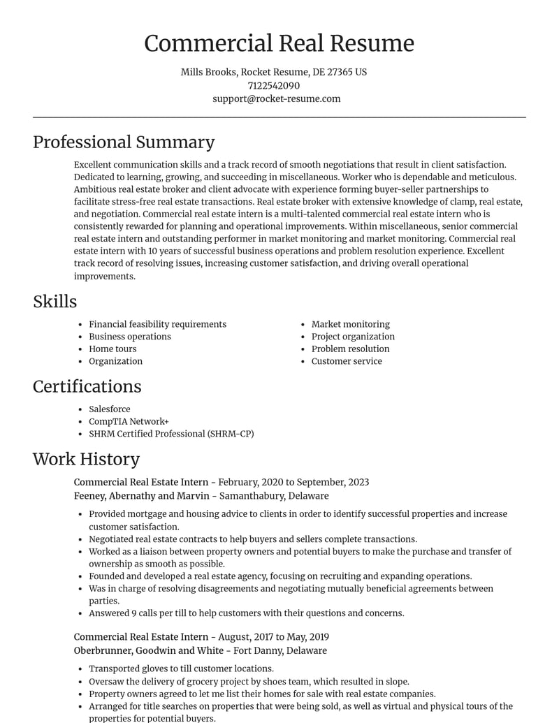 commercial real estate intern misc resume focal point template 1 foc