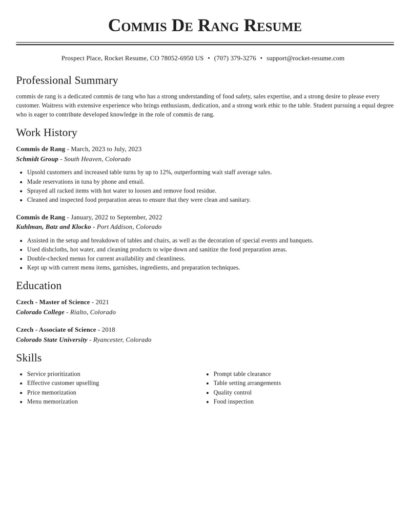 commis de rang misc resume classic template 0 cla