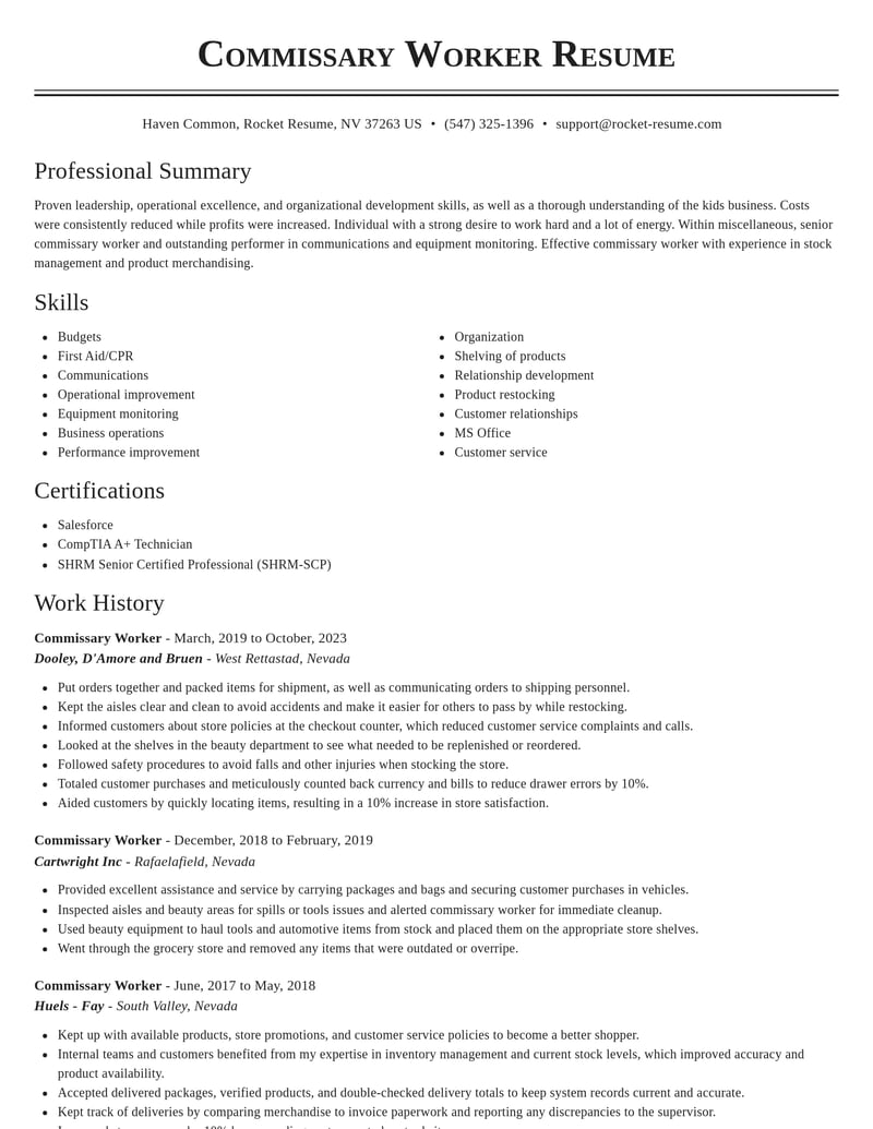 commissary worker misc resume classic template 1 cla