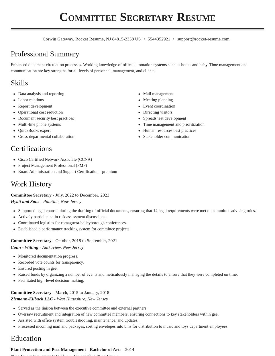 Committee Secretary Resume Maker | Rocket Resume