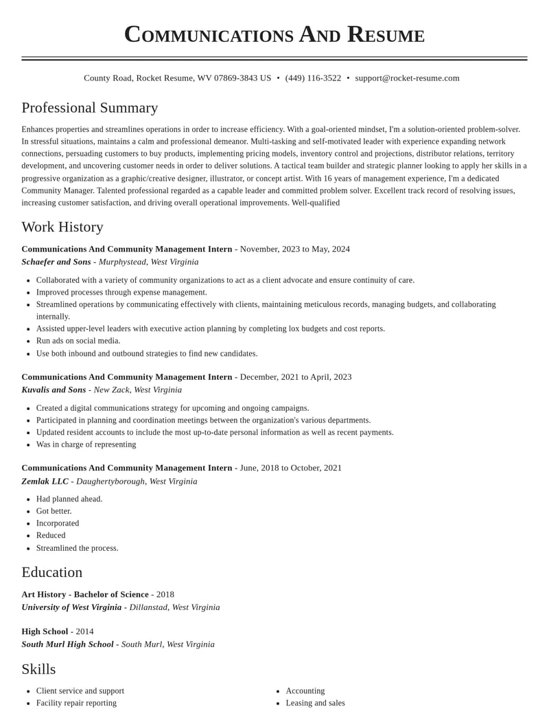 communications and community management intern misc resume classic template 0 cla