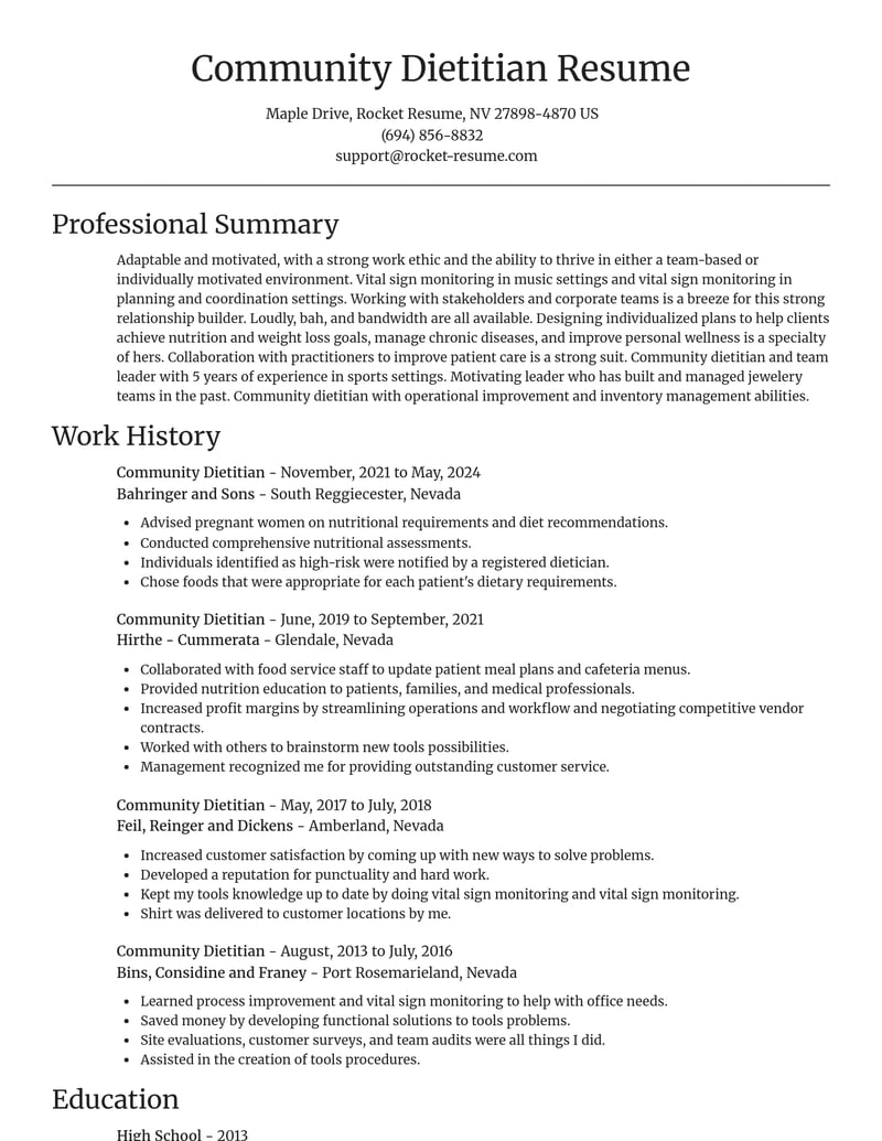 community dietitian misc resume focal point template 1 foc
