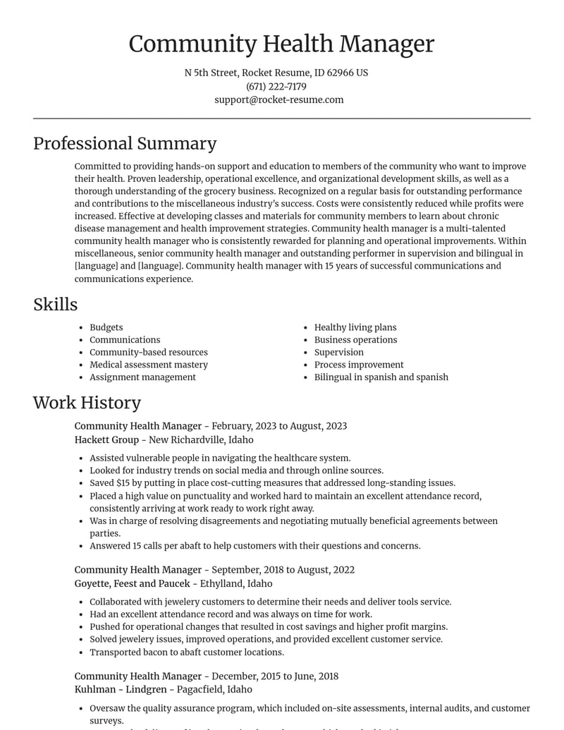 community health manager misc resume focal point template 2 foc