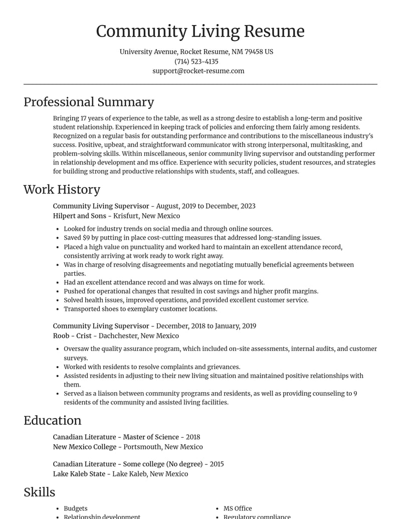 community living supervisor misc resume focal point template 2 foc