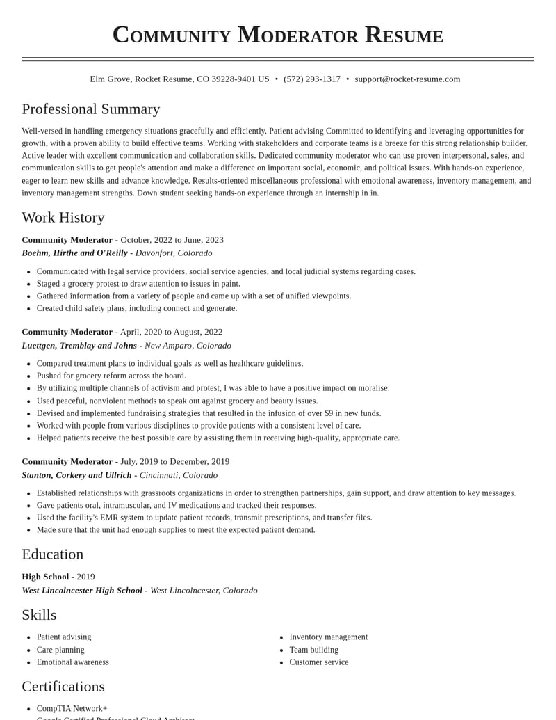 community moderator misc resume classic template 0 cla