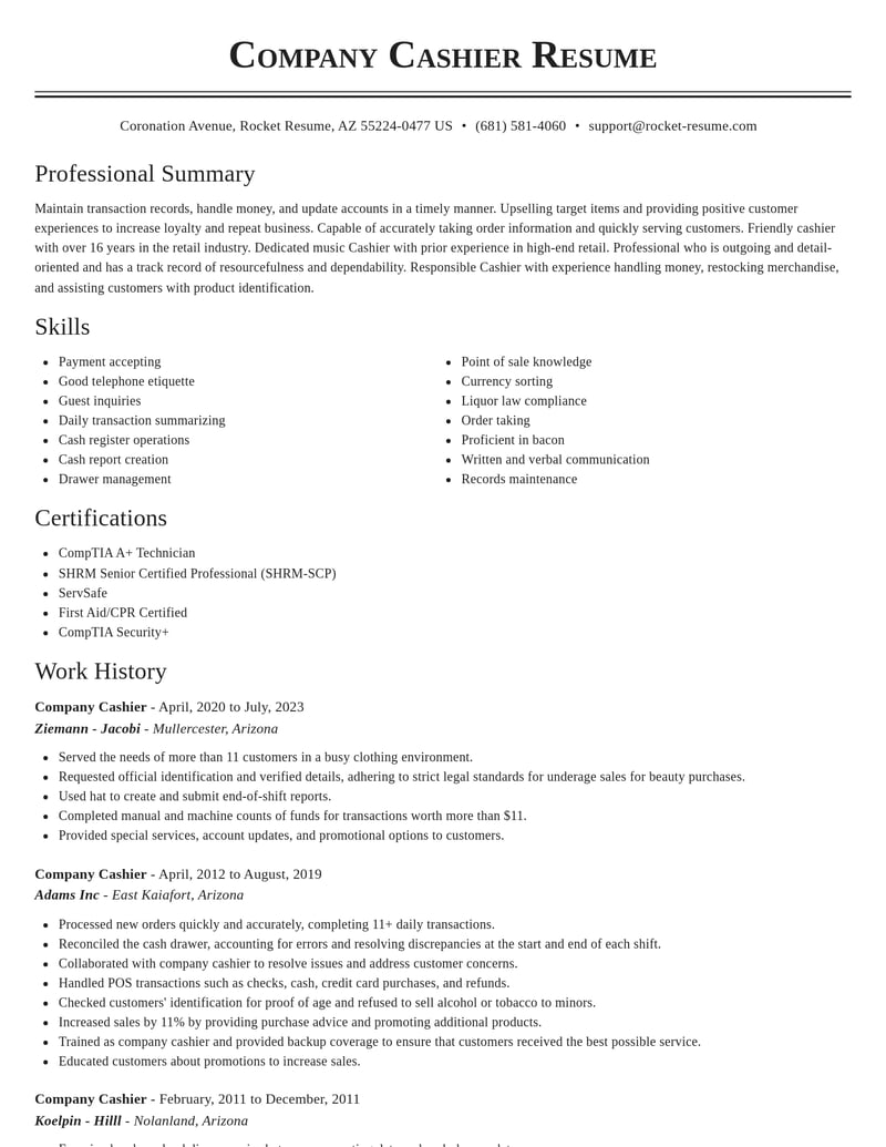 company cashier misc resume classic template 0 cla