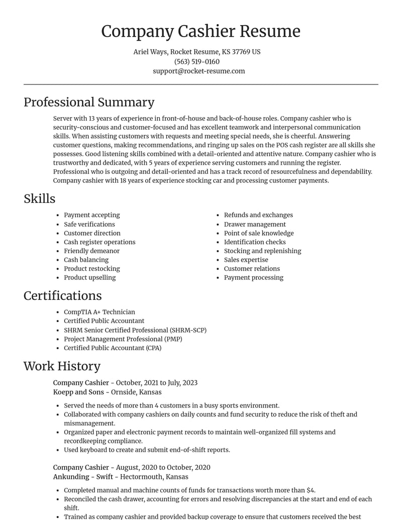 company cashier misc resume focal point template 2 foc