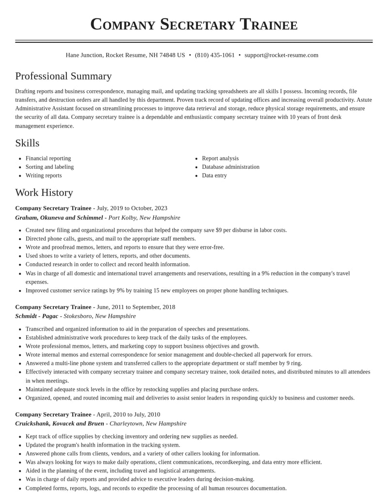 company secretary trainee misc resume classic template 0 cla