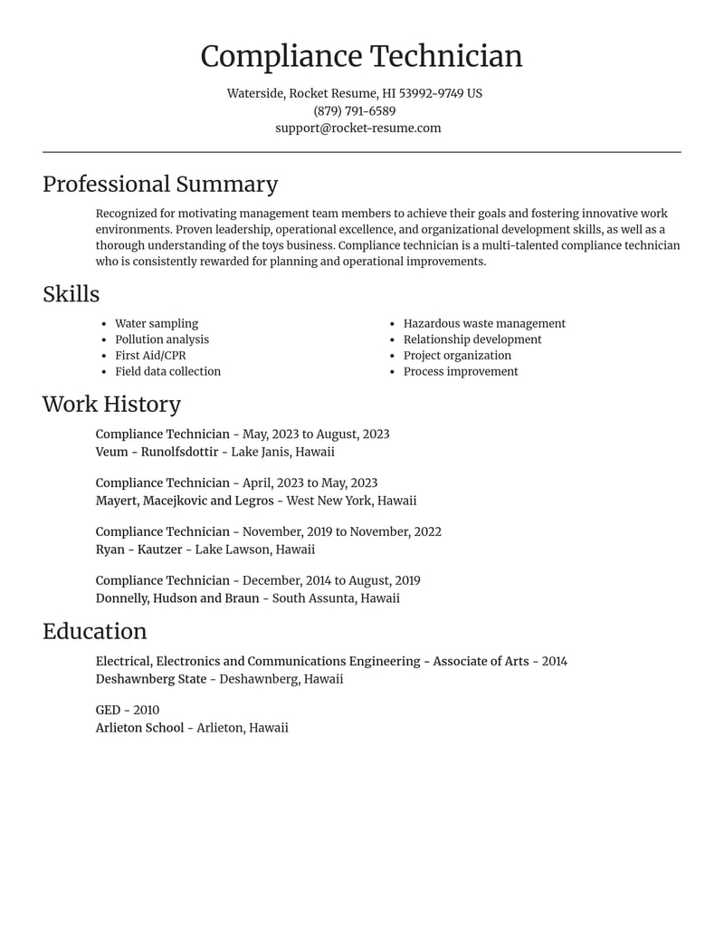 compliance technician misc resume focal point template 2 foc