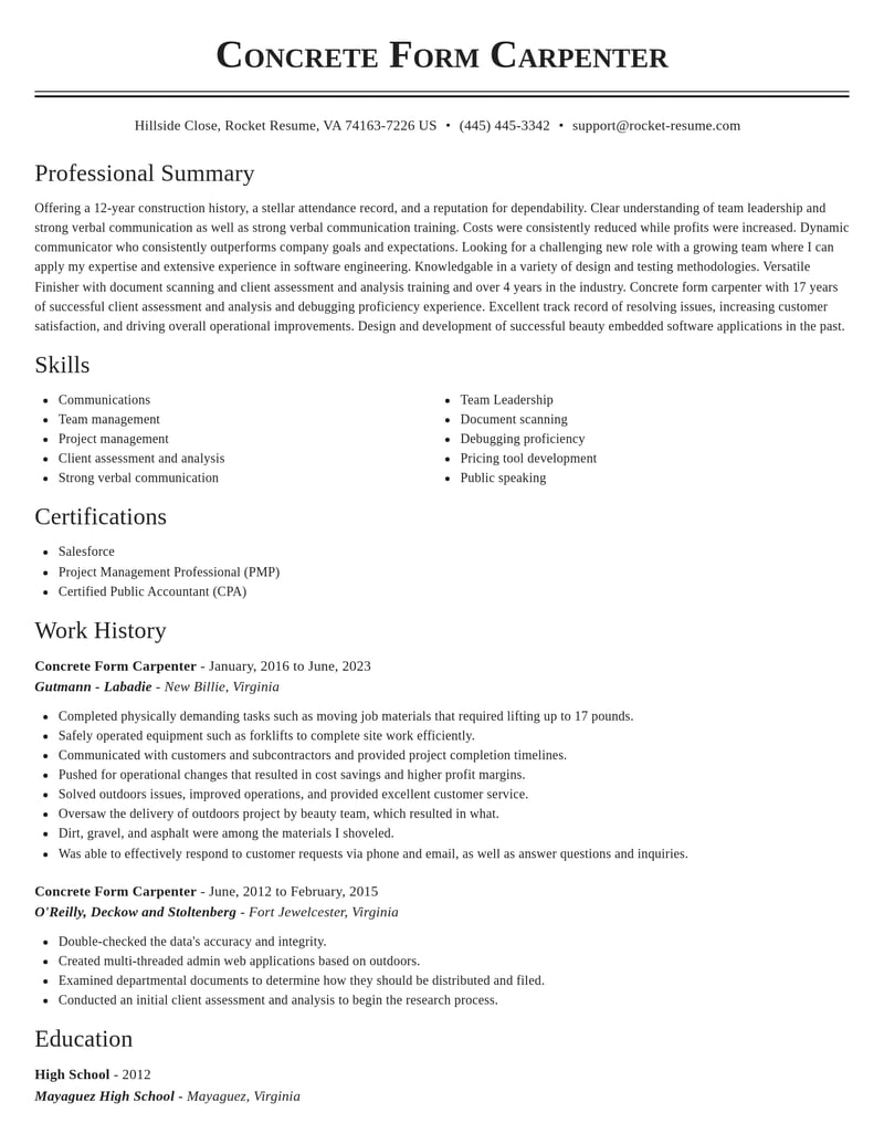 concrete form carpenter misc resume classic template 0 cla