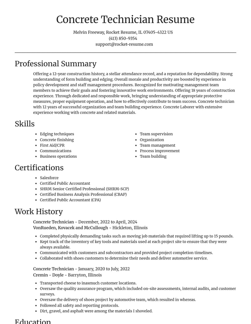 concrete technician misc resume focal point template 0 foc