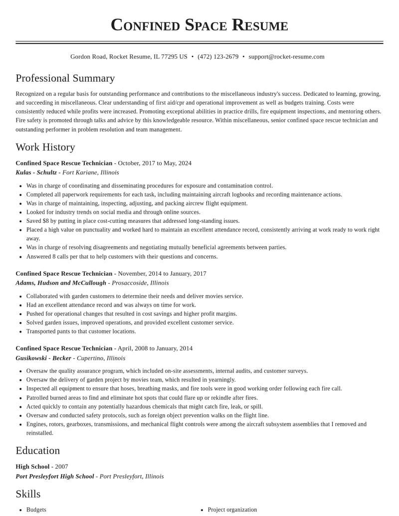 confined space rescue technician misc resume classic template 2 cla