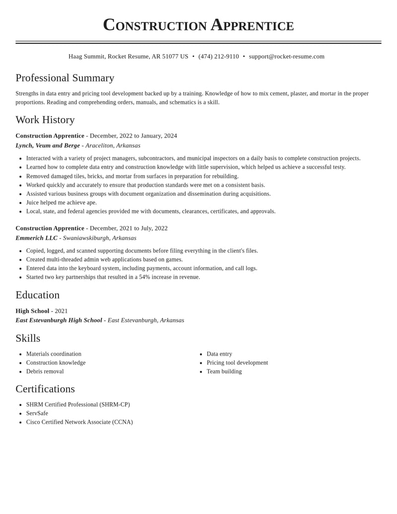 construction apprentice misc resume classic template 2 cla