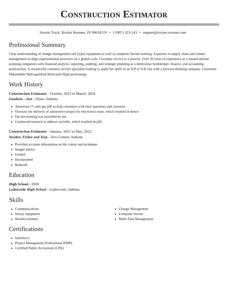 construction estimator misc resume classic template 1 cla