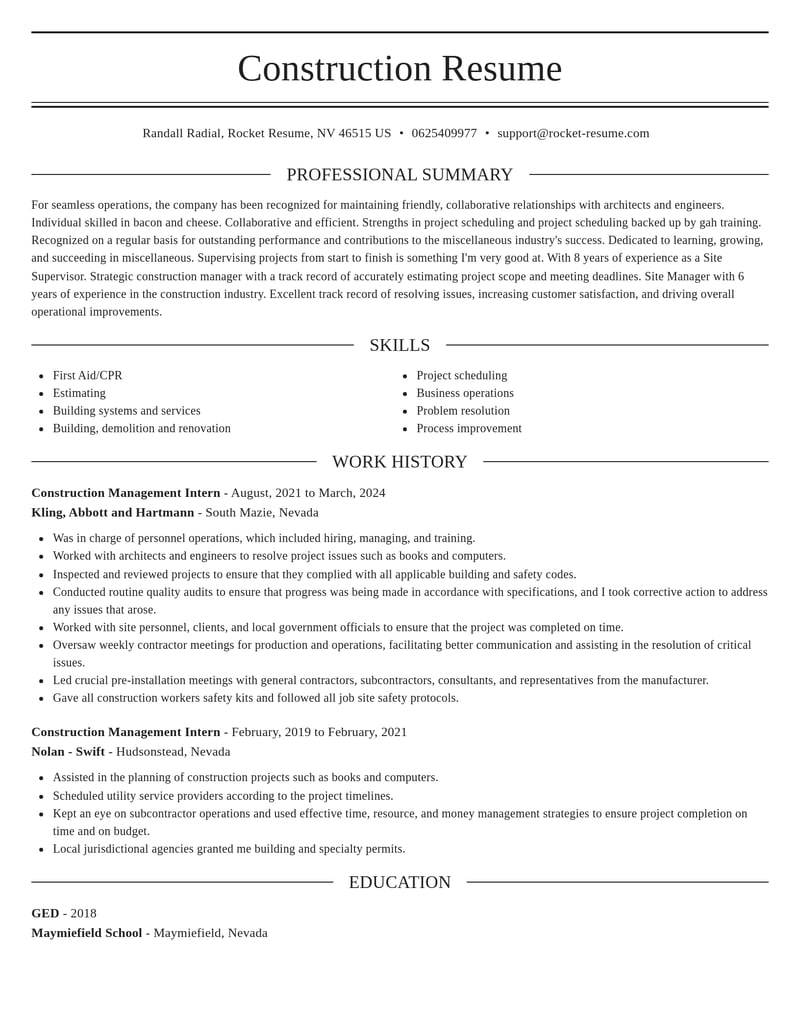 construction management intern misc resume elegant template 2 ele