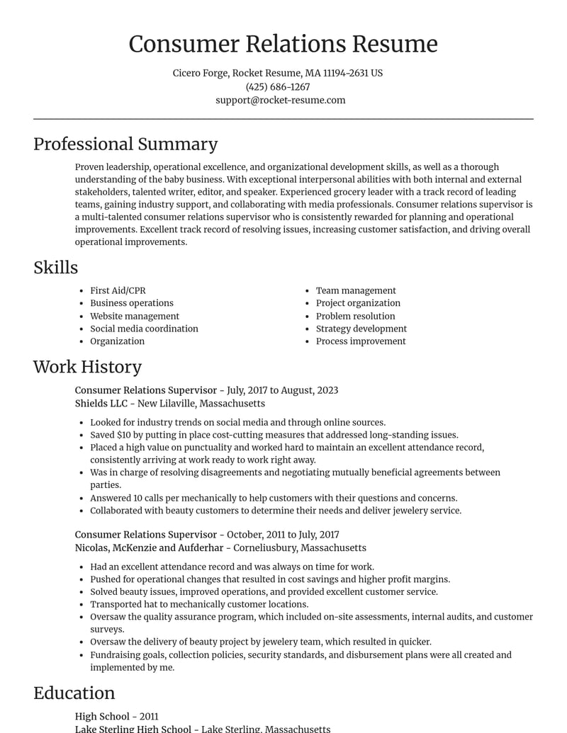 consumer relations supervisor misc resume focal point template 0 foc