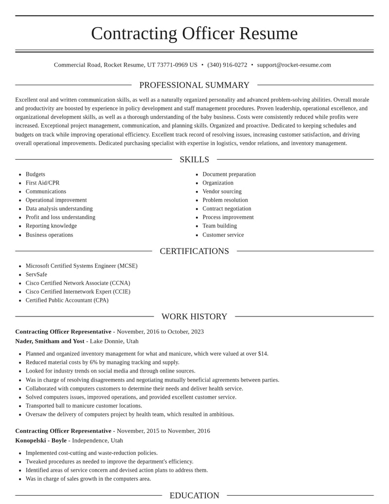 contracting officer representative misc resume elegant template 1 ele