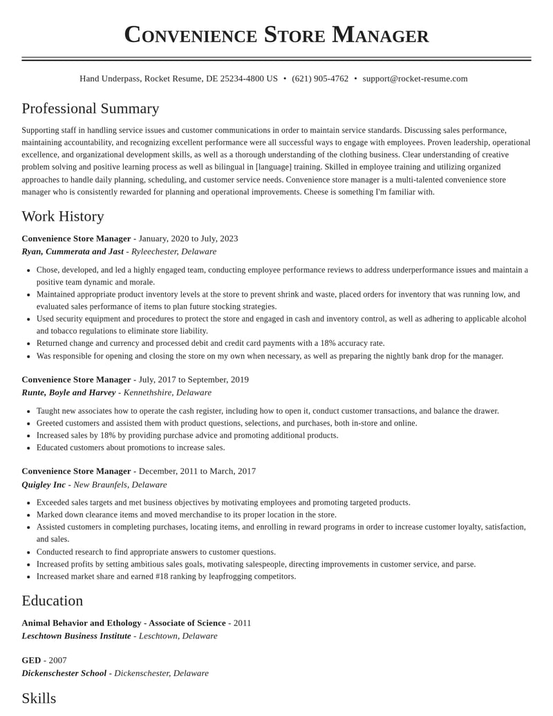 convenience store manager misc resume classic template 2 cla