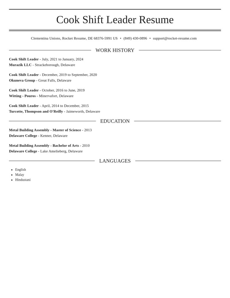 cook shift leader misc resume elegant template 2 ele