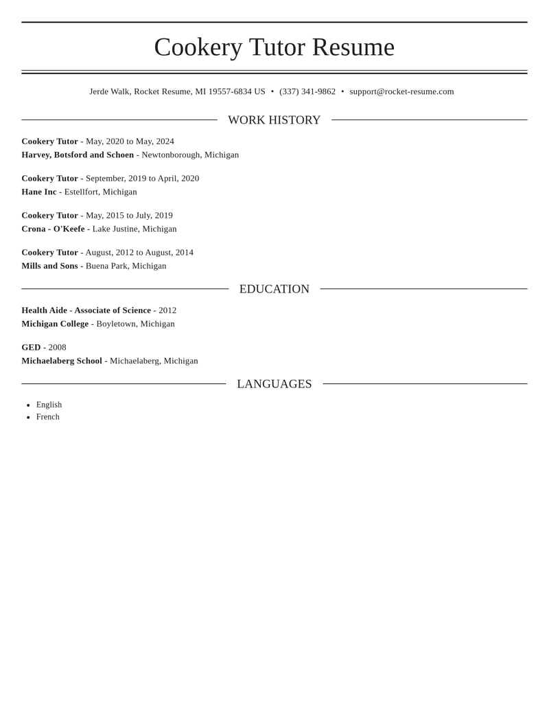 cookery tutor misc resume elegant template 0 ele