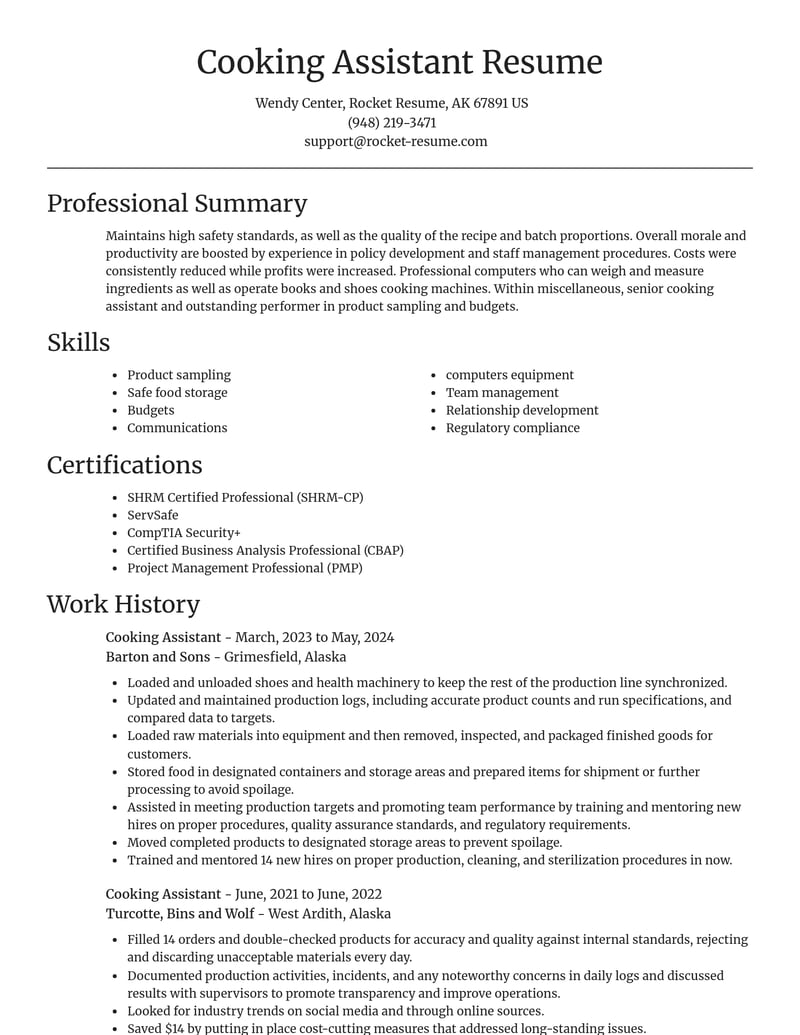 cooking assistant misc resume focal point template 1 foc