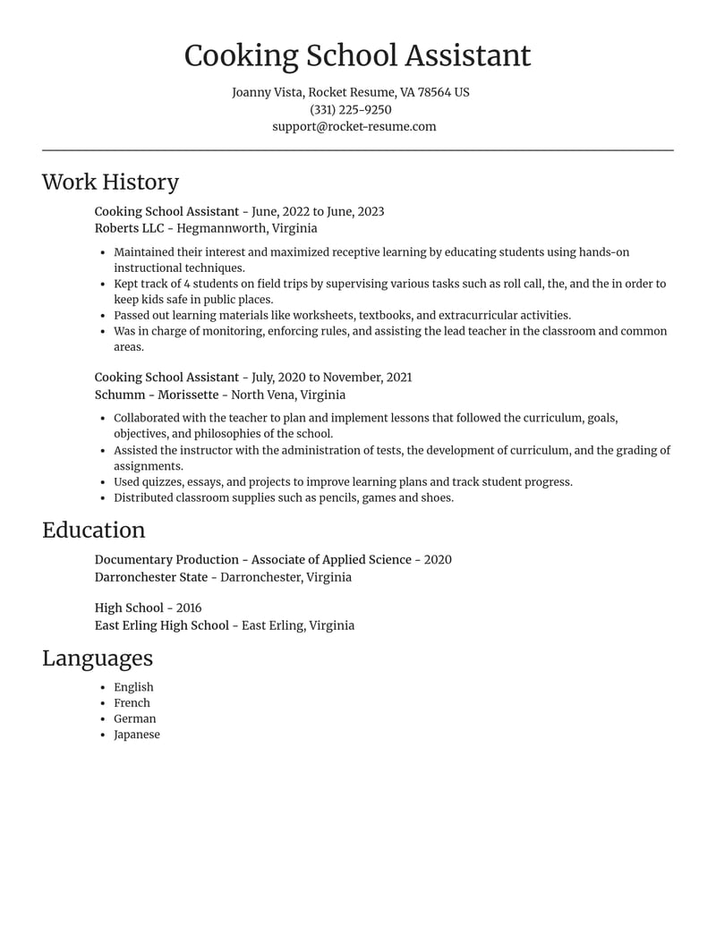 cooking school assistant misc resume focal point template 2 foc