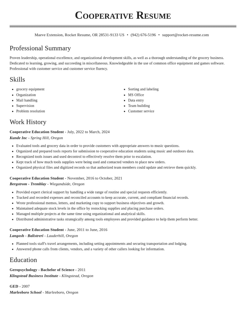 cooperative education student misc resume classic template 2 cla