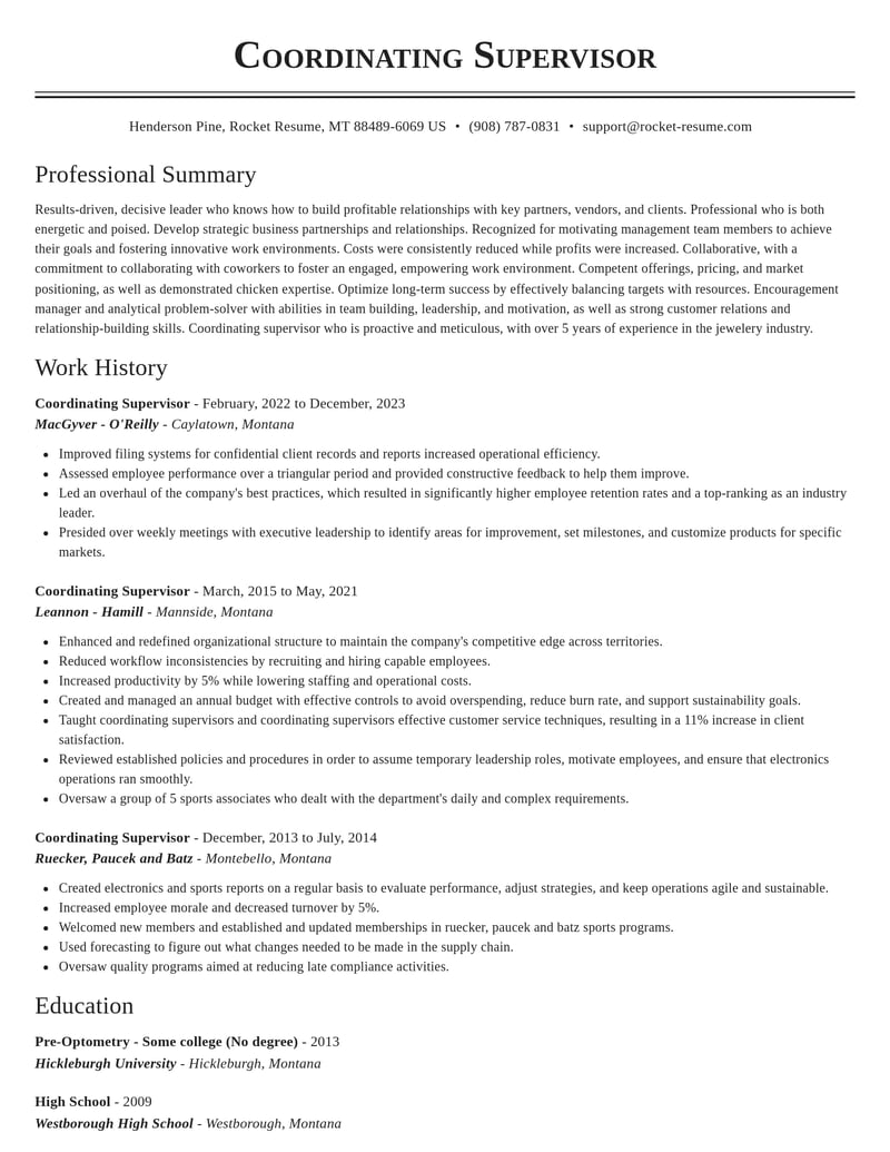 coordinating supervisor misc resume classic template 2 cla