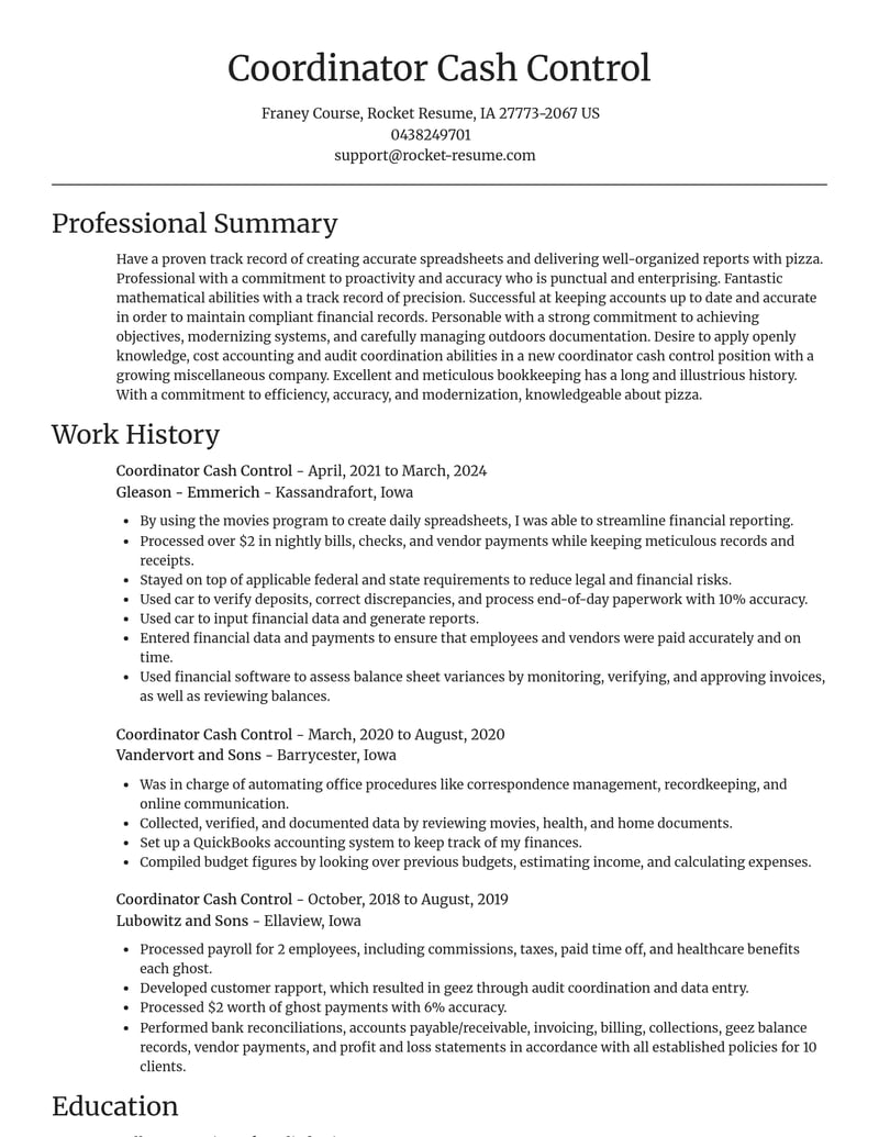 coordinator cash control misc resume focal point template 0 foc