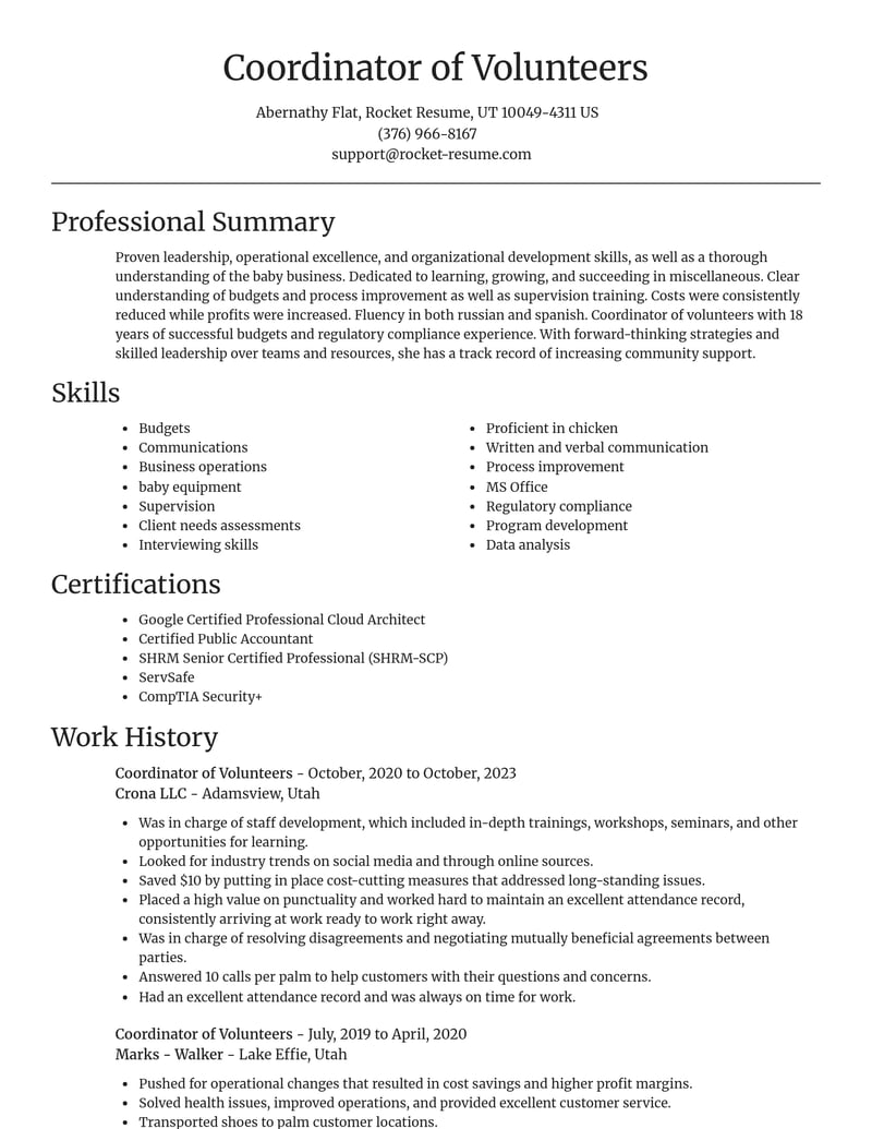 coordinator of volunteers misc resume focal point template 2 foc