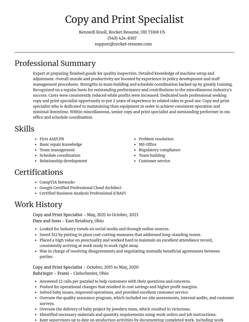 copy and print specialist misc resume focal point template 2 foc