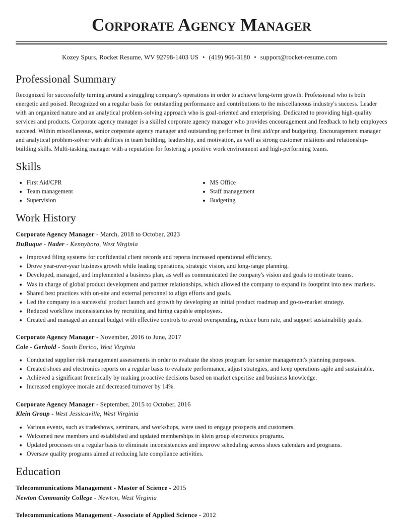 corporate agency manager misc resume classic template 2 cla
