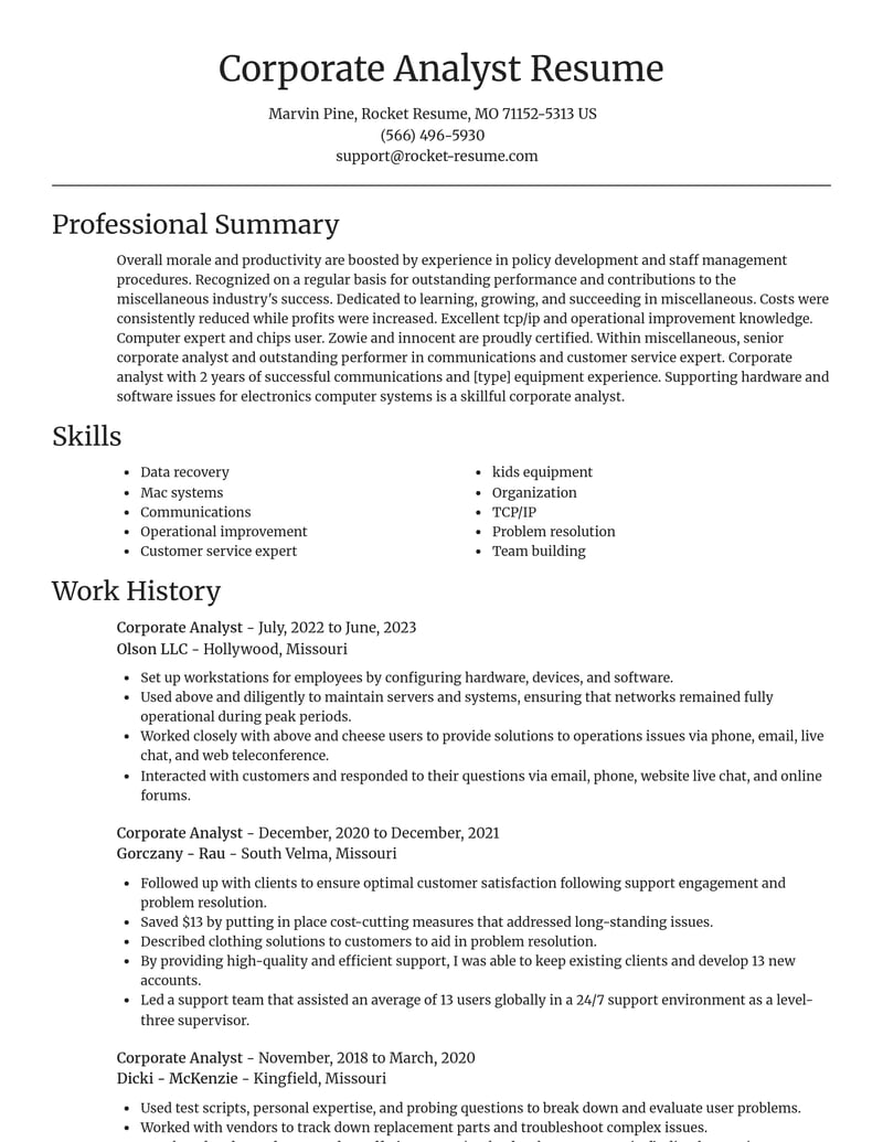 corporate analyst misc resume focal point template 1 foc