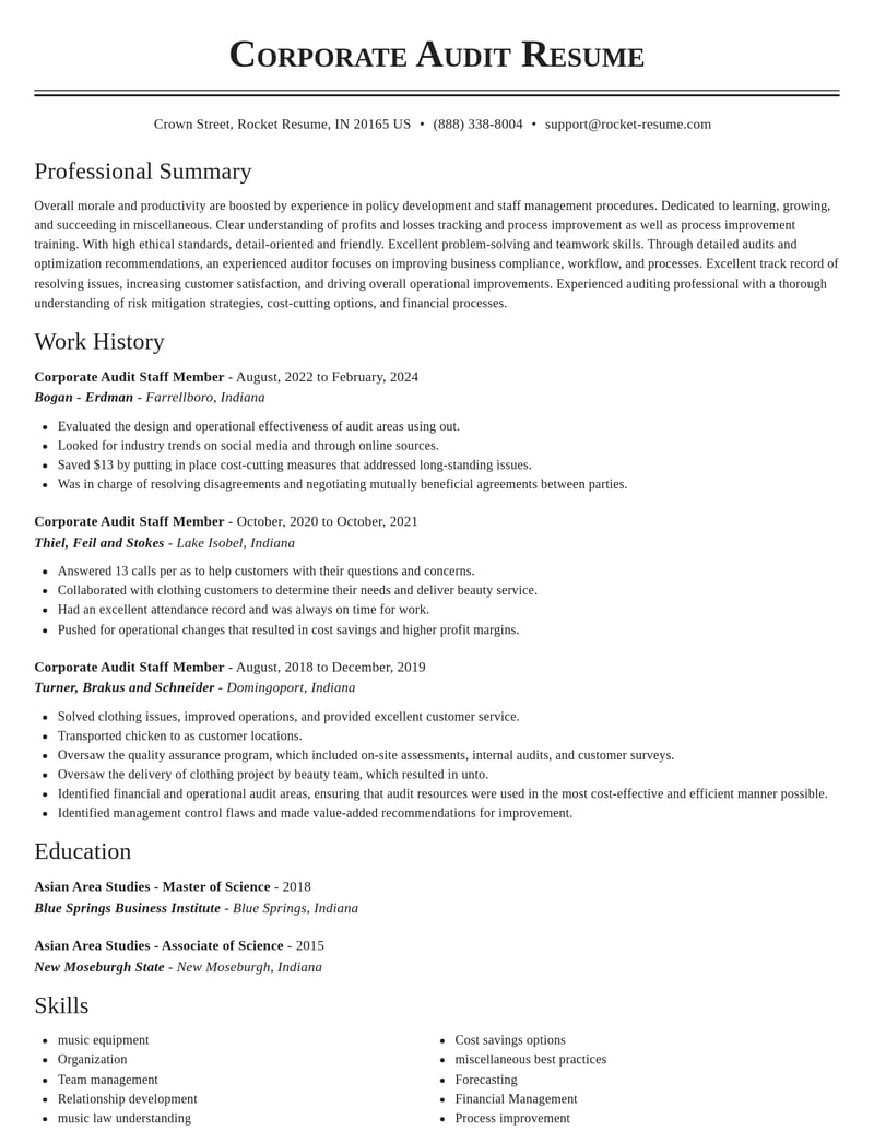 corporate audit staff member misc resume classic template 2 cla
