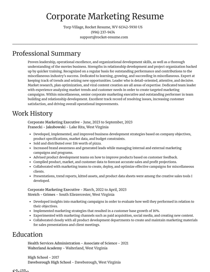 corporate marketing executive misc resume focal point template 2 foc