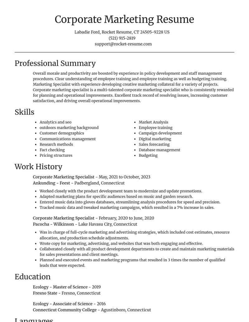 corporate marketing specialist misc resume focal point template 2 foc