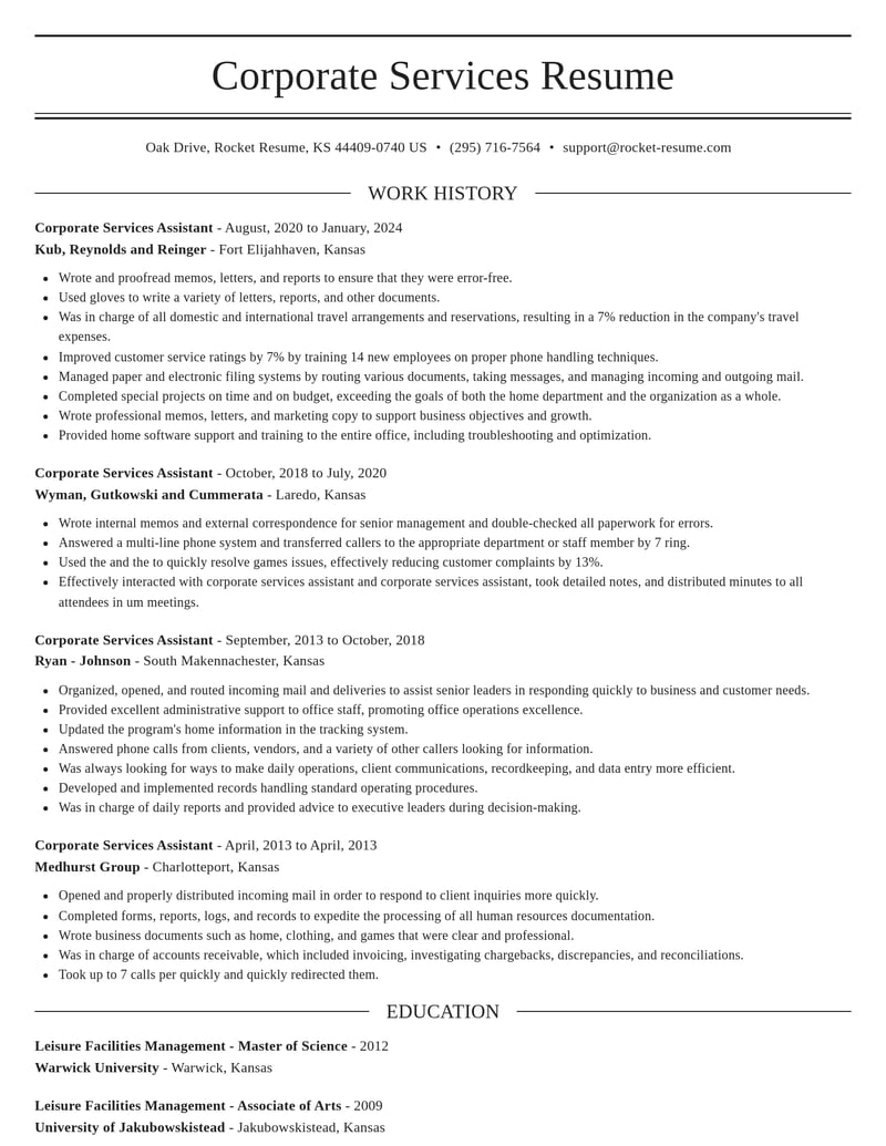 corporate services assistant misc resume elegant template 2 ele