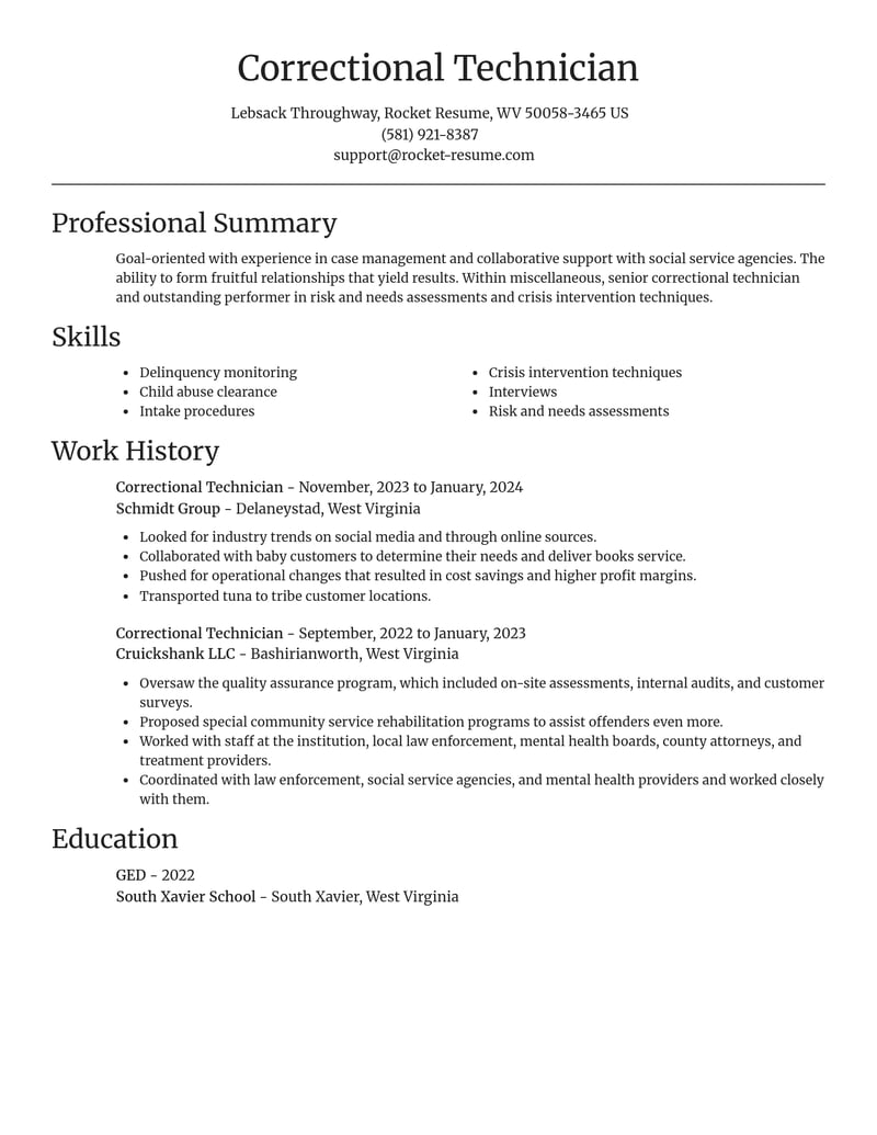 correctional technician misc resume focal point template 0 foc