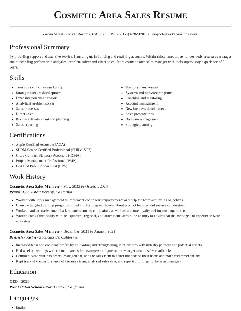 cosmetic area sales manager misc resume classic template 0 cla