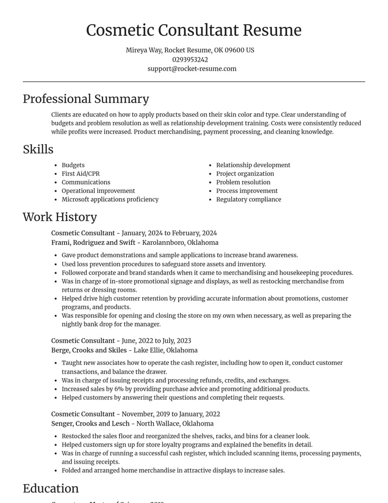 cosmetic consultant misc resume focal point template 2 foc