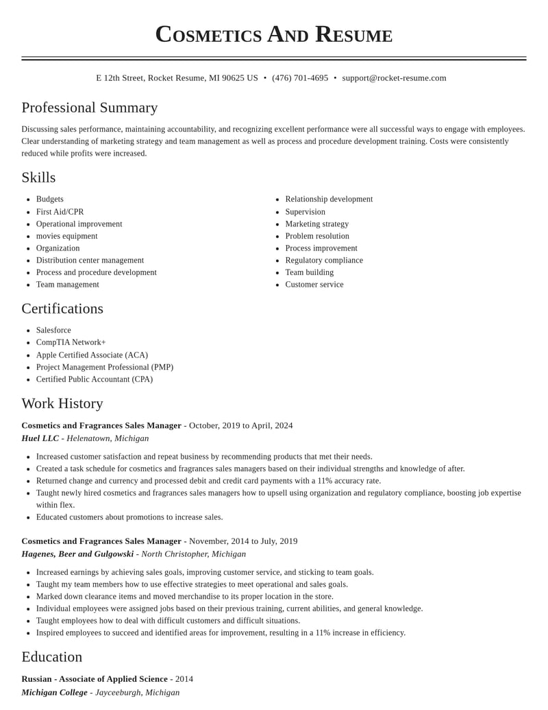 cosmetics and fragrances sales manager misc resume classic template 0 cla