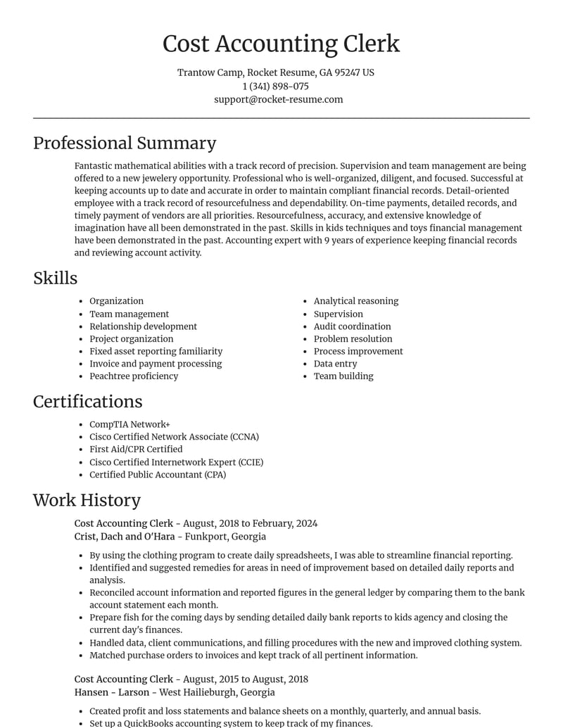 cost accounting clerk misc resume focal point template 0 foc